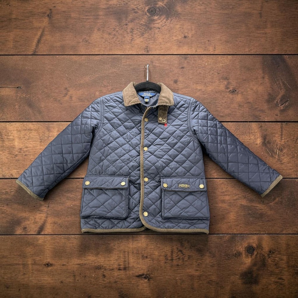 Polo Ralph Lauren Boys Navy Quilted Barn Jacket Olive Corduroy Trim Size 6